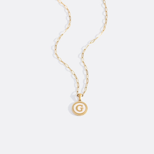 Mother of Pearl Disc Letter Necklace with Paperclip Chain