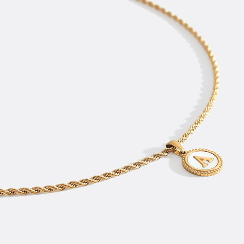 Mother of Pearl Disc Letter Necklace with Rope Chain