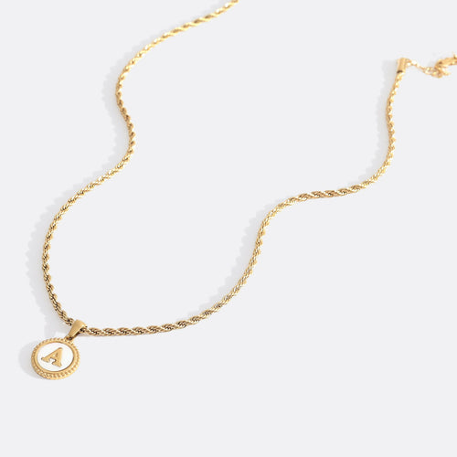 Mother of Pearl Disc Letter Necklace with Rope Chain