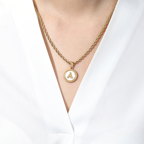 Mother of Pearl Disc Letter Necklace with Rope Chain