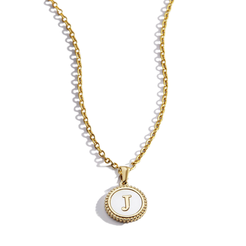 Mother of Pearl Disc Letter Necklace with Cable Chain