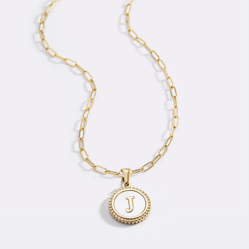 Mother of Pearl Disc Letter Necklace with Paperclip Chain
