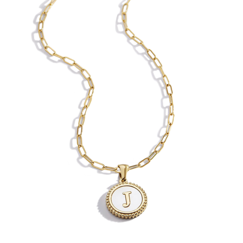 Mother of Pearl Disc Letter Necklace with Paperclip Chain