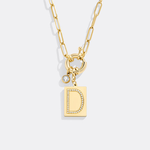 Pave Initial Pendant Necklace with Paperclip Chain
