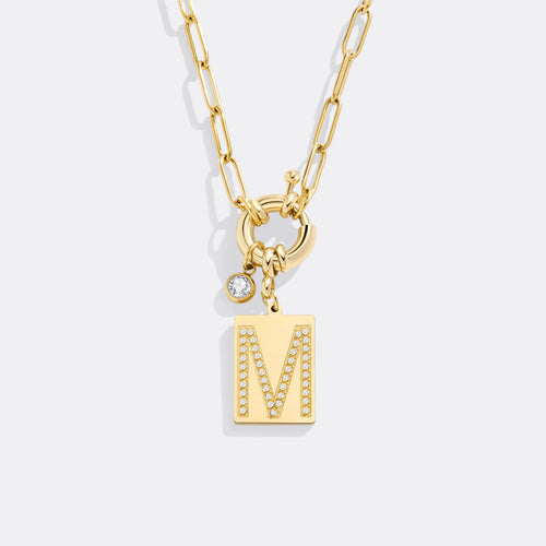 Pave Initial Pendant Necklace with Paperclip Chain
