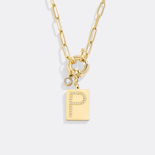 Pave Initial Pendant Necklace with Paperclip Chain
