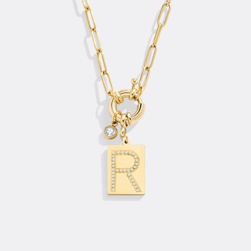Pave Initial Pendant Necklace with Paperclip Chain