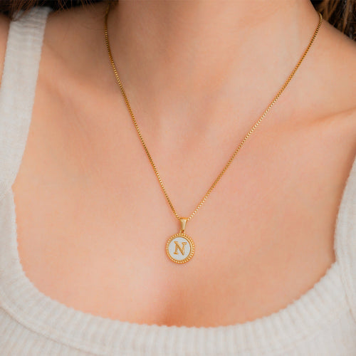Mother of Pearl Disc Letter Necklace with Box Chain