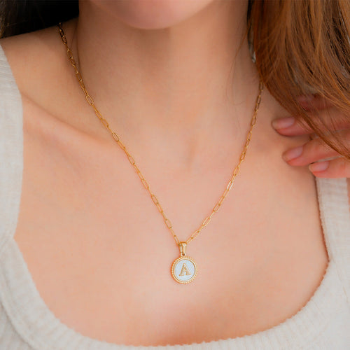 Mother of Pearl Disc Letter Necklace with Paperclip Chain