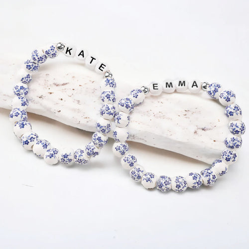 Custom Name Blue Porcelain Floral Beaded Bracelet
