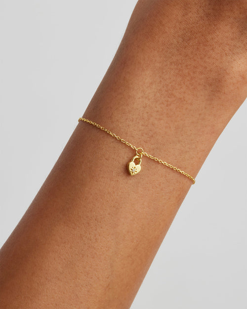 Yellow Gold Vermeil Crystal Lotus Heart Padlock Bracelet