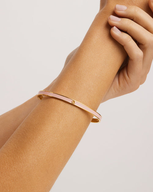 Yellow Gold Vermeil Born to Bloom Enamel Bangle - Rose Quartz
