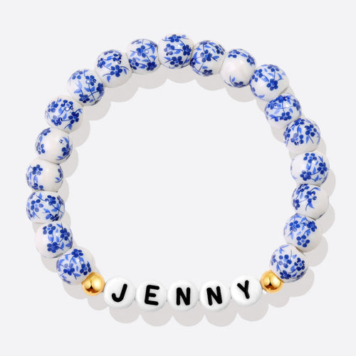 Custom Name Blue Porcelain Floral Beaded Bracelet