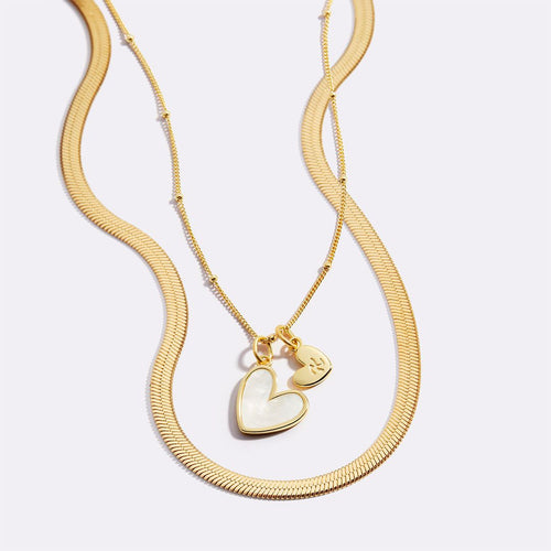 Mother Of Pearl Initial Heart & Herringbone Necklace Set