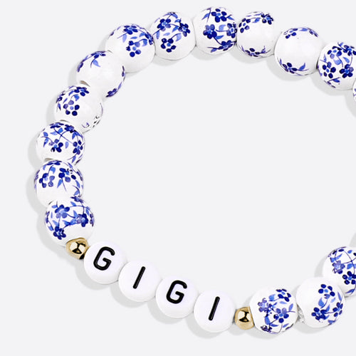 Custom Name Blue Porcelain Floral Beaded Bracelet