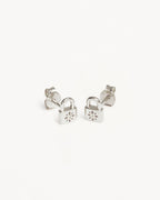 White Gold Vermeil Crystal Lotus Padlock Stud Earrings