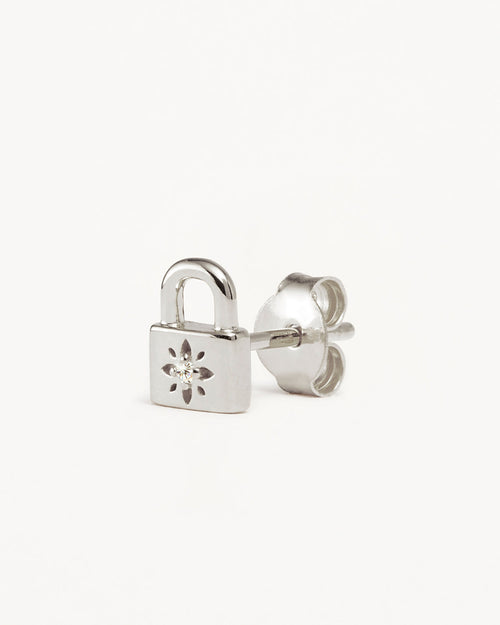 White Gold Vermeil Crystal Lotus Padlock Stud Earrings
