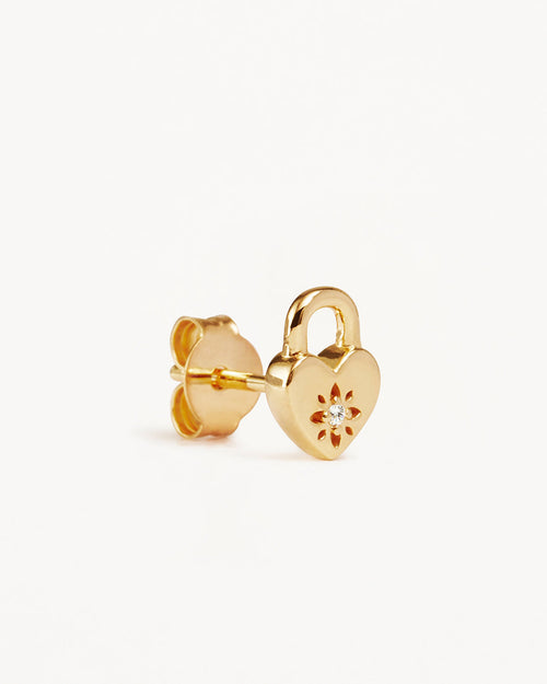 Yellow Gold Vermeil Crystal Lotus Heart Padlock Stud Earrings