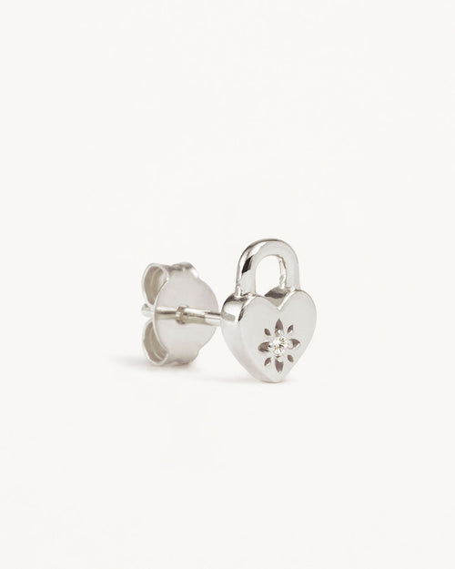 White Gold Vermeil Crystal Lotus Heart Padlock Stud Earrings