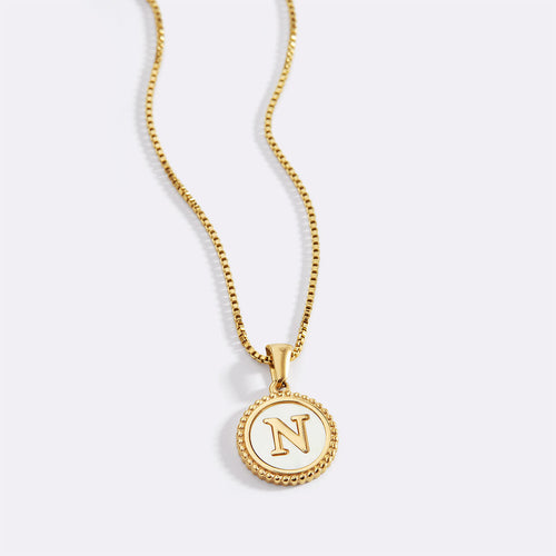 Mother of Pearl Disc Letter Necklace with Box Chain