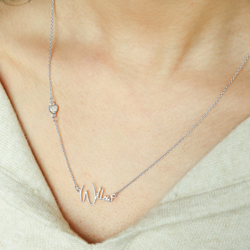 Modern Name Necklace with Heart Diamond Accent