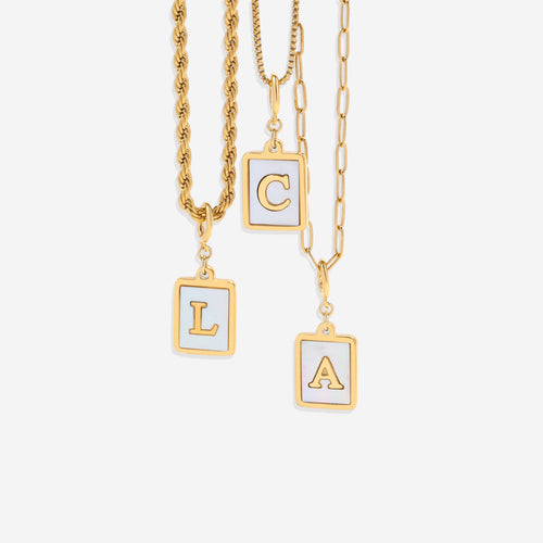 Mother of Pearl Card Initial Necklace | Paperclip Chain