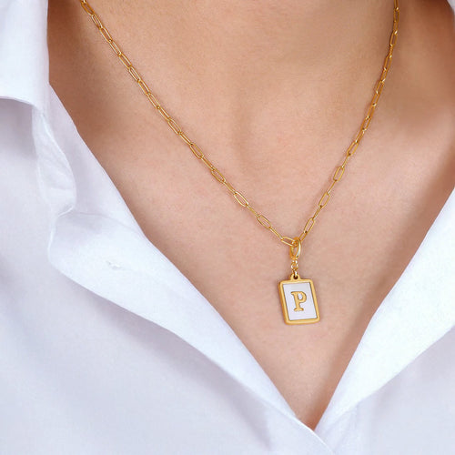 Mother of Pearl Card Initial Necklace | Paperclip Chain