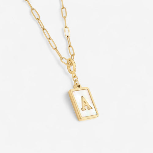 Mother of Pearl Card Initial Necklace | Paperclip Chain