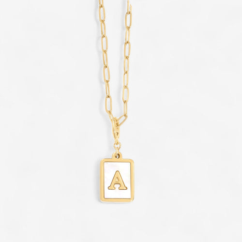 Mother of Pearl Card Initial Necklace | Paperclip Chain