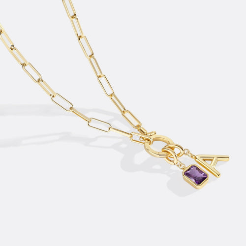 Mint Paperclip Necklace with Initial & Birthstone Charm