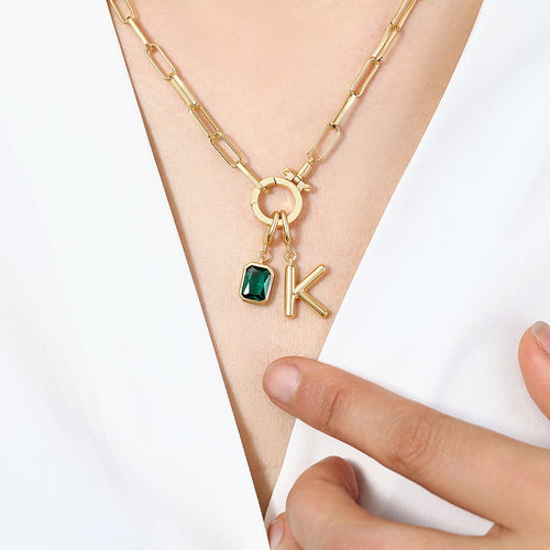 Mint Paperclip Necklace with Initial & Birthstone Charm