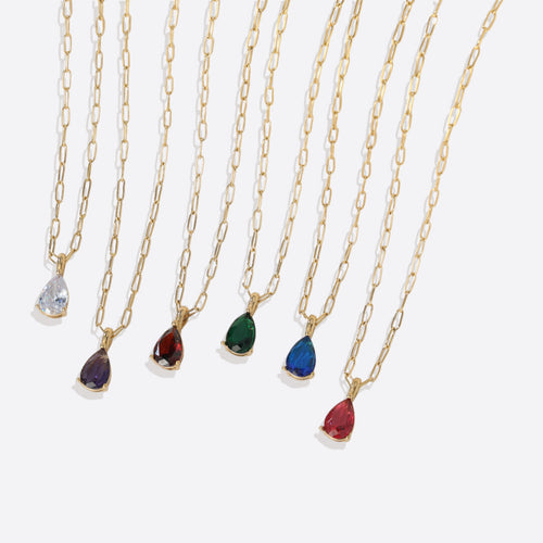 Birthstone Pendant Necklace with Dainty Paperclip Chain