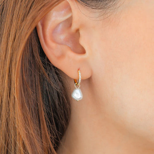 Freshwater Pearl Drop Pave Huggie Earrings