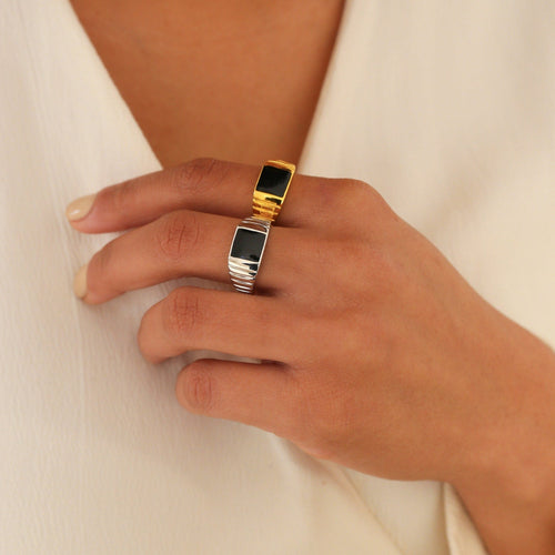 Unisex Black Enamel Signet Ring