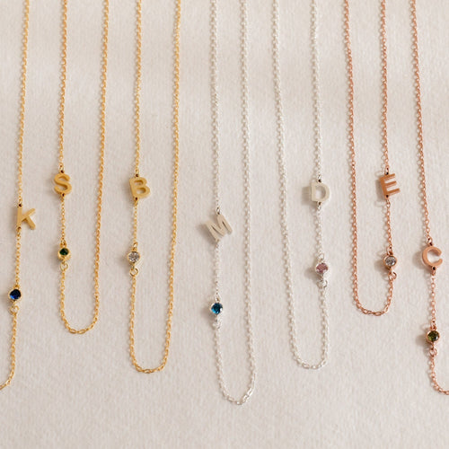 Sideways Initial Birthstone Necklace