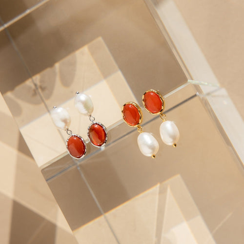 Carnelian and Pearl Dangle Earrings