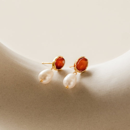 Carnelian and Pearl Dangle Earrings