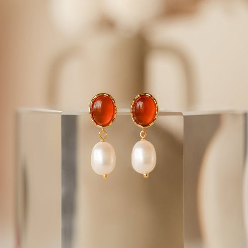 Carnelian and Pearl Dangle Earrings