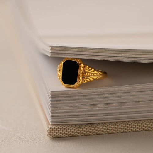 Vintage-Inspired Black Enamel Signet Ring