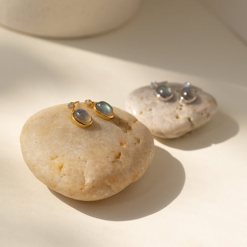 Moonstone Drop Earrings with Diamond Stud