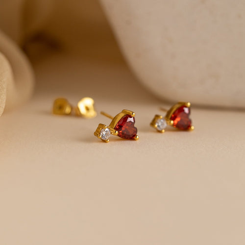Garnet Heart Drop Stud Earrings