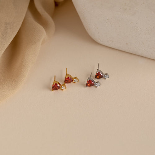 Garnet Heart Drop Stud Earrings