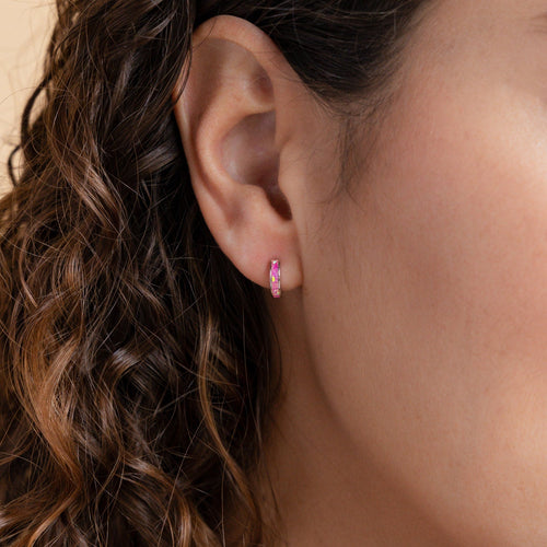 Exquisite Magenta Opal Inlay Huggie Hoop Earrings