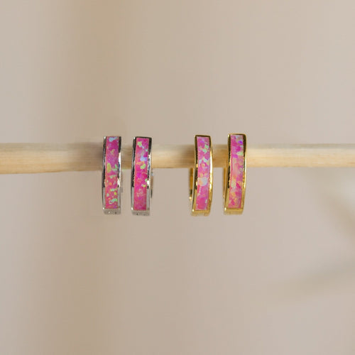 Exquisite Magenta Opal Inlay Huggie Hoop Earrings
