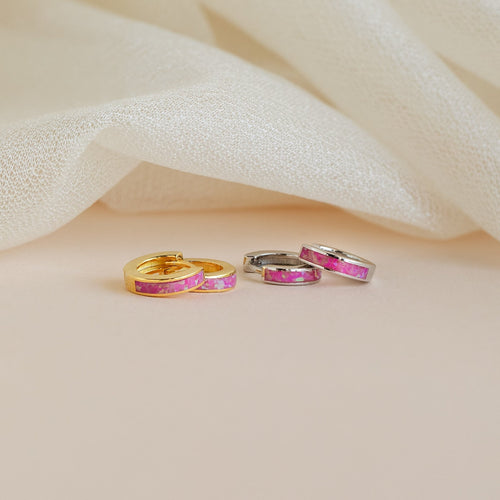 Exquisite Magenta Opal Inlay Huggie Hoop Earrings