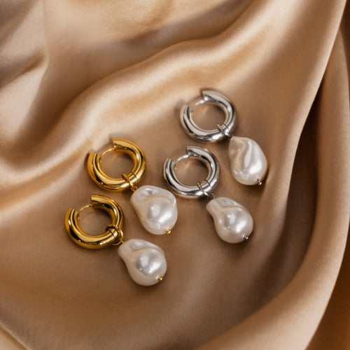 Baroque Pearl Drop Hoop Earrings