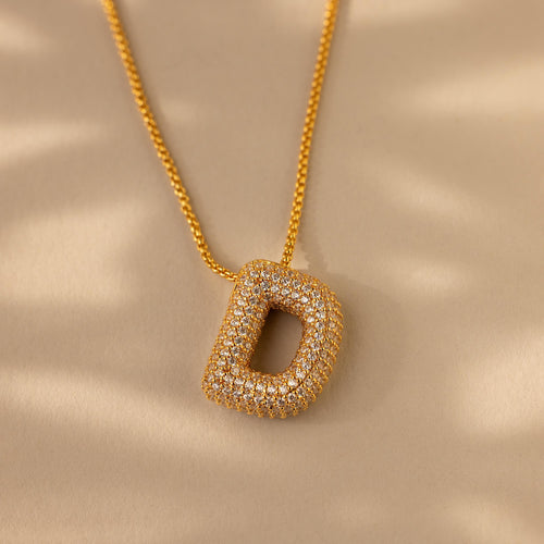Personalized Puffy Initial Necklace with Pave Diamonds