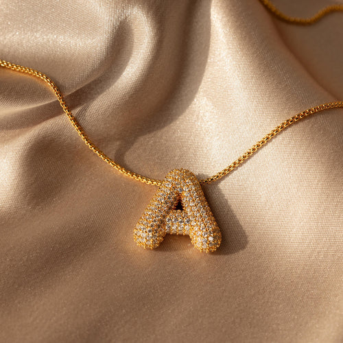 Personalized Puffy Initial Necklace with Pave Diamonds