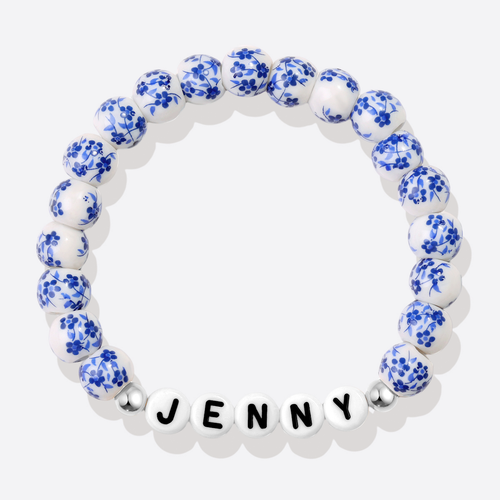 Custom Name Blue Porcelain Floral Beaded Bracelet