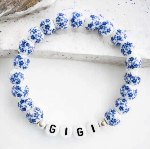 Custom Name Blue Porcelain Floral Beaded Bracelet